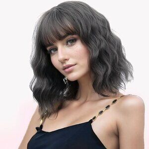 Deep Grey 12in Wavy Bob Wig with Bangs